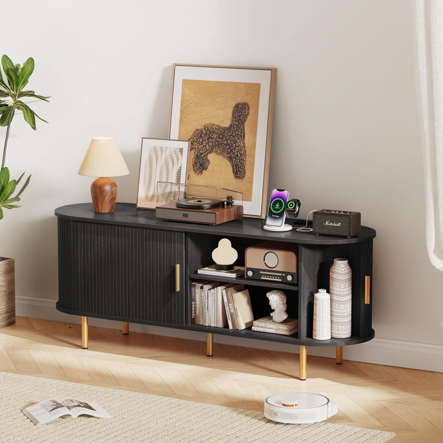 TV Stand with Power Outlet for TVs up to 60 Inch, Modern Entertainment Center with Storage, Adjustable Shelves & Sliding Doors, Media Console for Living Room Bedroom (Black, 55 Inch)