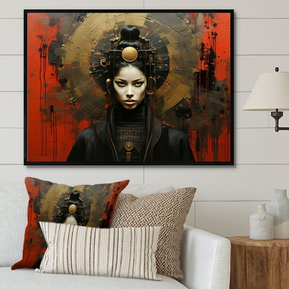 Designart japan art Oversized framed wall art decor, Japan Art framed wall Art, Silent Samurai Woman of Grace in Japanese Art I , Red Global black framed wall art, 32x16 inches black frame