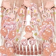 Finypa Girl n Queen Rose Gold Birthday Decorations for Women Include 2 Foil Fringe Curtains 3 Happy Birthday Banner 20 Latex Balloons 20 Confetti Balloons 16th 18th 20th 30th Birthday Party Supplies