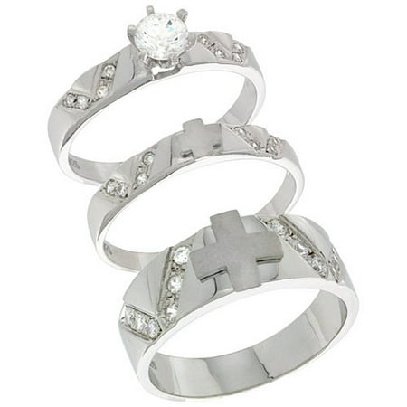 Sterling Silver Cubic Zirconia Trio Engagement Wedding 