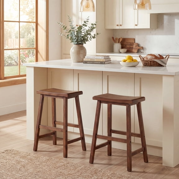 ELLEGNT 2 PCS Solid Wood Saddle Bar Stools - Backless with Footrests, Wooden Counter Stools Brown