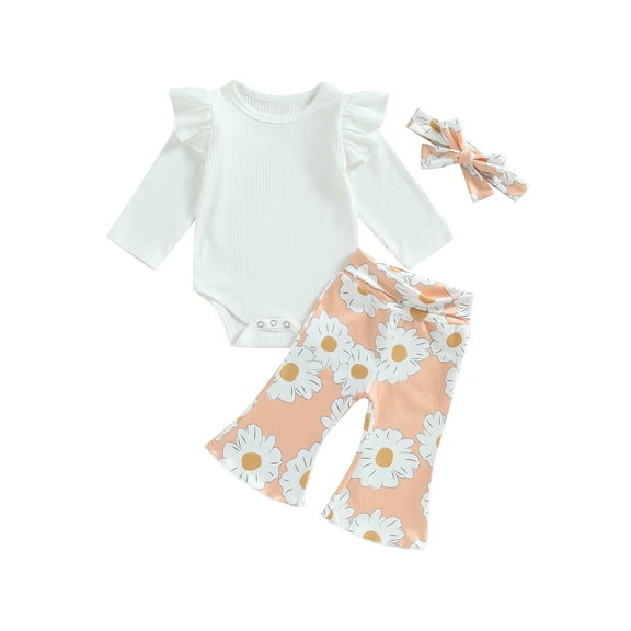 Bagilaanoe 3pcs Newborn Baby Girl Long Pants Set Ribbed Ruffled Long Sleeve Rompers Tops   Floral Flare Trousers   Headband 3M 6M 12M 18M Infant Casual Outfits