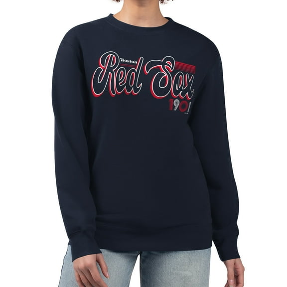 Women's Starter Navy Boston Red Sox Groovy Script Team Fleece Pullover Sweatshirt