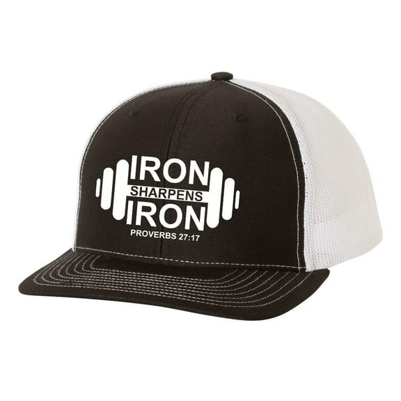Christian Iron Sharpens Iron Proverbs 27:17 Dumbell Weight Mens Embroidered Mesh Back Trucker Hat, Black/White
