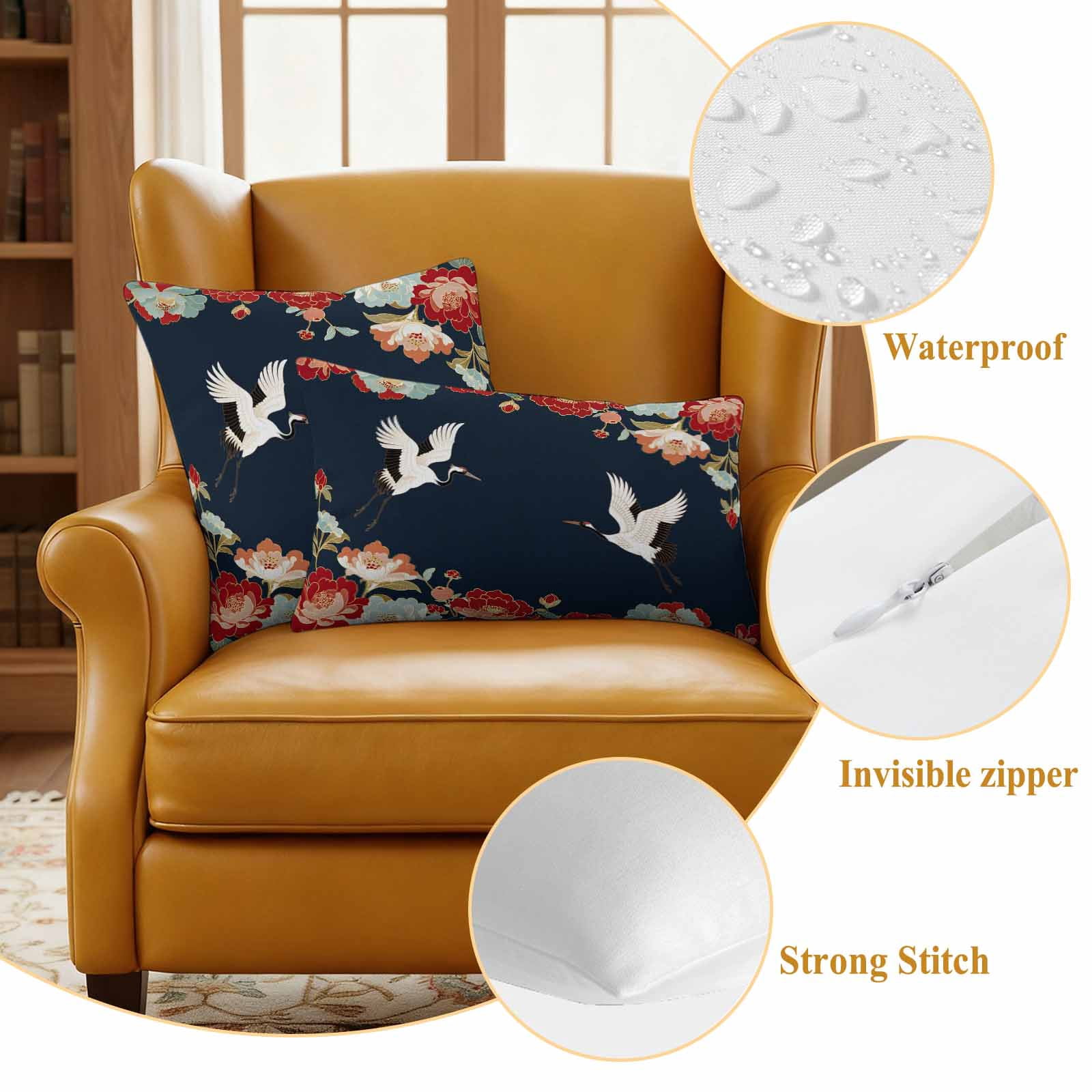 Pack of 2 Navy Blue Crane Outdoor Pillow Covers Decorative, Waterproof Pillow Protector, Vintage Red Teal Spring Floral Botanical Throw Pillowcases Accent Cushion Cases for Patio Couch Sofa 20"x20"