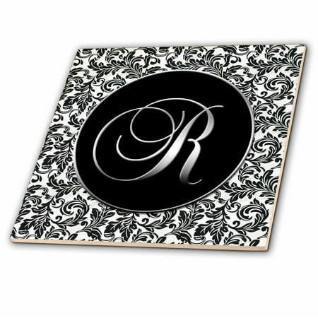 Ceramic Letter Tiles - 3dRose Letter R - Black and White Damask - Ceramic Tile, 4-inch