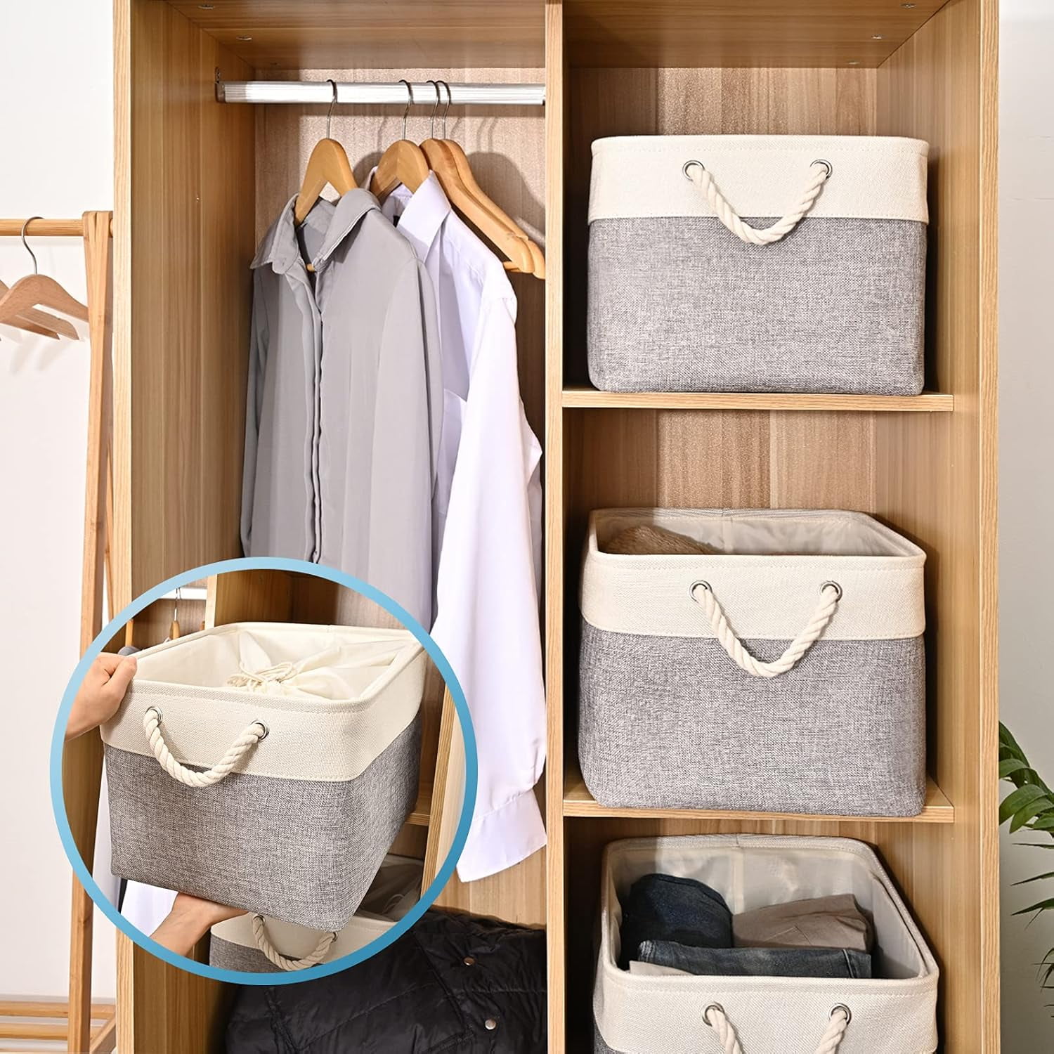Cube Storage Bins 11x11 Inch, Storage Cube Baskets Fabric Sturdy Basket for Shelves, Storage Boxes with Leather Handle for Shelf Nursery Home Closet Office, 3 Pack