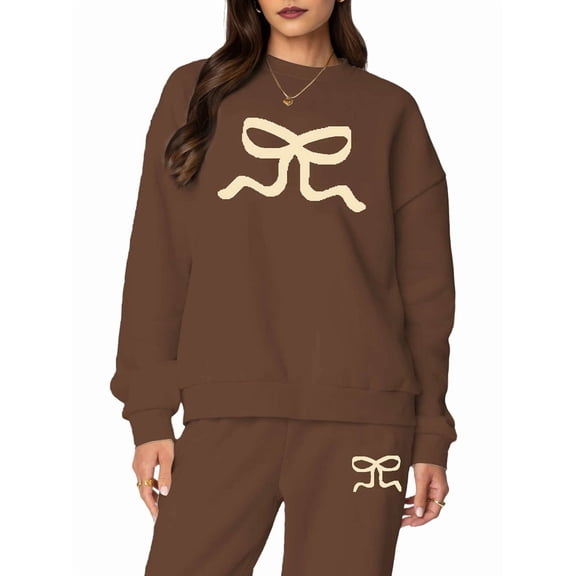 2 Piece Lounge Sets for Women Long Sleeve Crew Neck Print Matching Tracksuit Dark Brown S