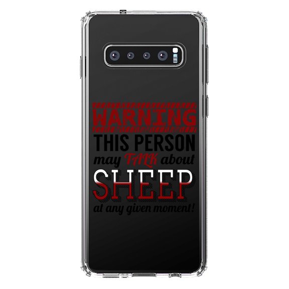 DistinctInk Clear Shockproof Hybrid Case for Samsung Galaxy S10  PLUS (6.4" Screen) - TPU Bumper Acrylic Back Tempered Glass Screen Protector - WARNING This Person May Talk About Sheep