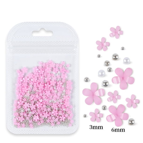 Bolsa de joyería con flores de cinco pétalos para decoración de uñas Joyería de flores acrílicas blancas y rosas con cuentas de oro y plata Flor de resina