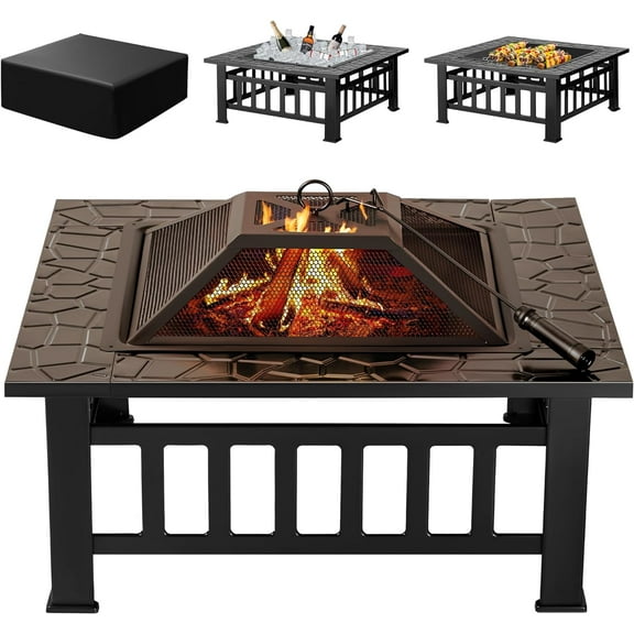 Outdoor Fire Pit, 32 Inch Firepit Table Metal Outdoor Fireplaces with Waterproof Cover for Outside Patio Camping (Black)