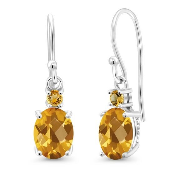 Gem Stone King 10K White Gold Yellow Citrine and Yellow Citrine Dangle Earrings for Women (2.64 Cttw, Gemstone Birthstone, Oval 8x6mm)