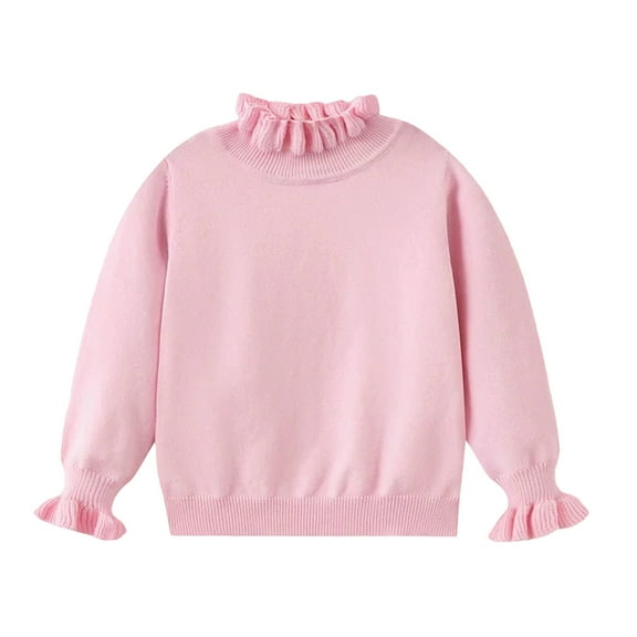 SGMVNU Girl's Turtleneck Long Sleeve Sweater with Ruffle Trim Neck and Casual Drop Shoulder Pullover Knitwear Tops(Size 4-5 Years,Pink)