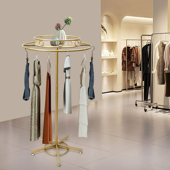 110lb Load Capacity Gold Iron Rotating Display Stand, Round Garment Rack, Floor Standing Rotatable Clothing Rack, Retail Display Stand, for Retail Shops, Supermarkets, and Laundries