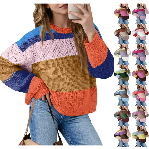 Women's Color Block Cropped Sweaters Winter Trendy Casual Going Out Striped Pullover Tops for Fall and Winter, Stylish and Comfortable, Perfect for Fashionable Wear,Coffee,Size L