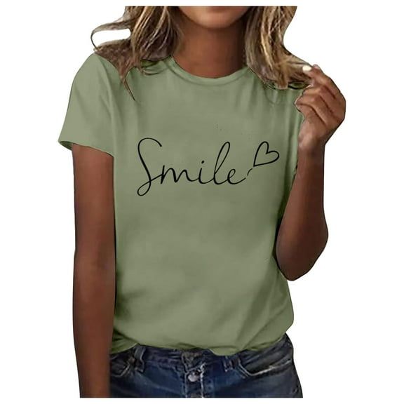MIXUE Womens Summer Tops Solid Color Letter Print Crew Neck Short Sleeve Fashion Casual Shirts For Women Tshirts Holiday Wear,Green,L