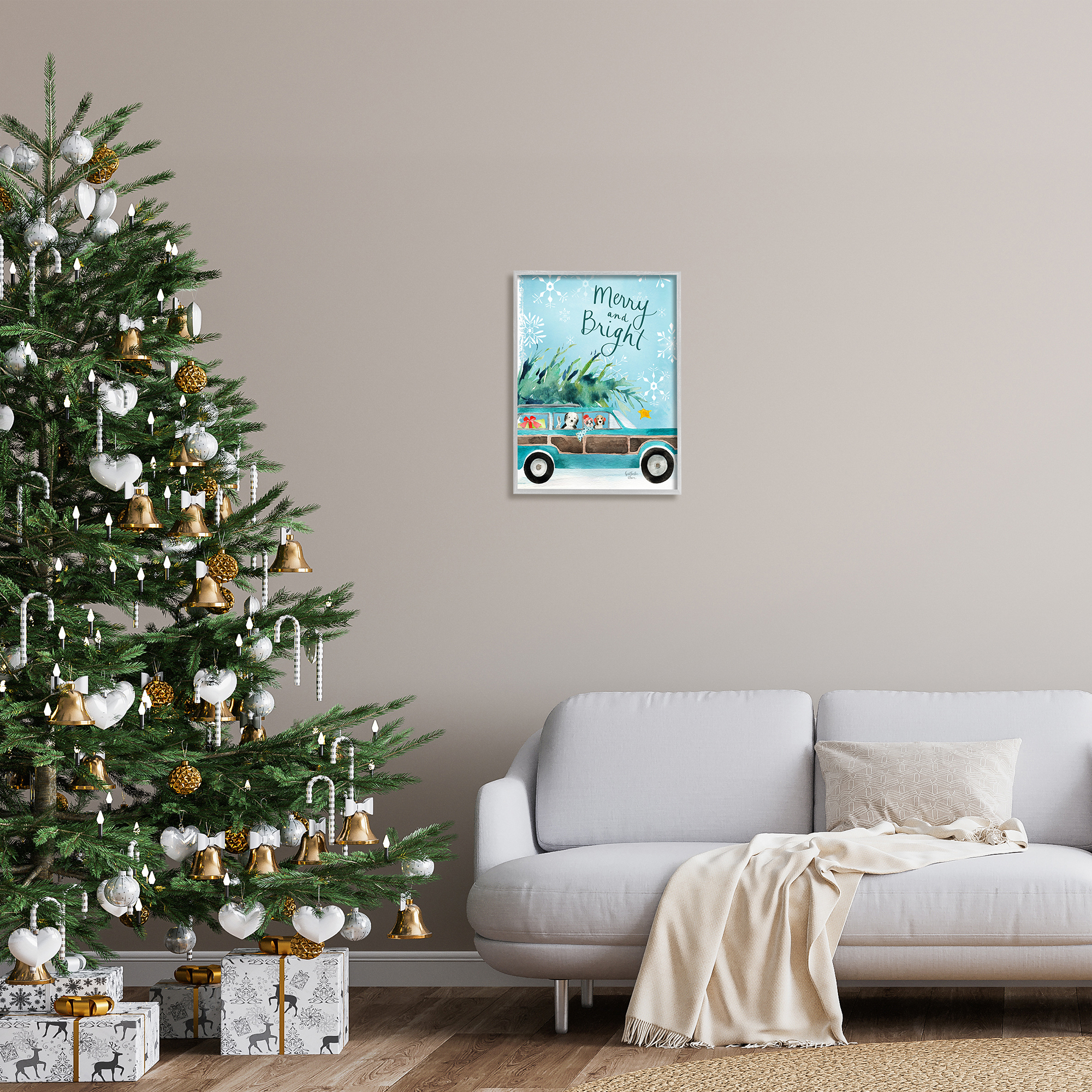 Stupell Industries Merry & Bright Christmas Scene Holiday Puppies Graphic Art Gray Framed Art Print Wall Art, Design by Heatherlee Chan