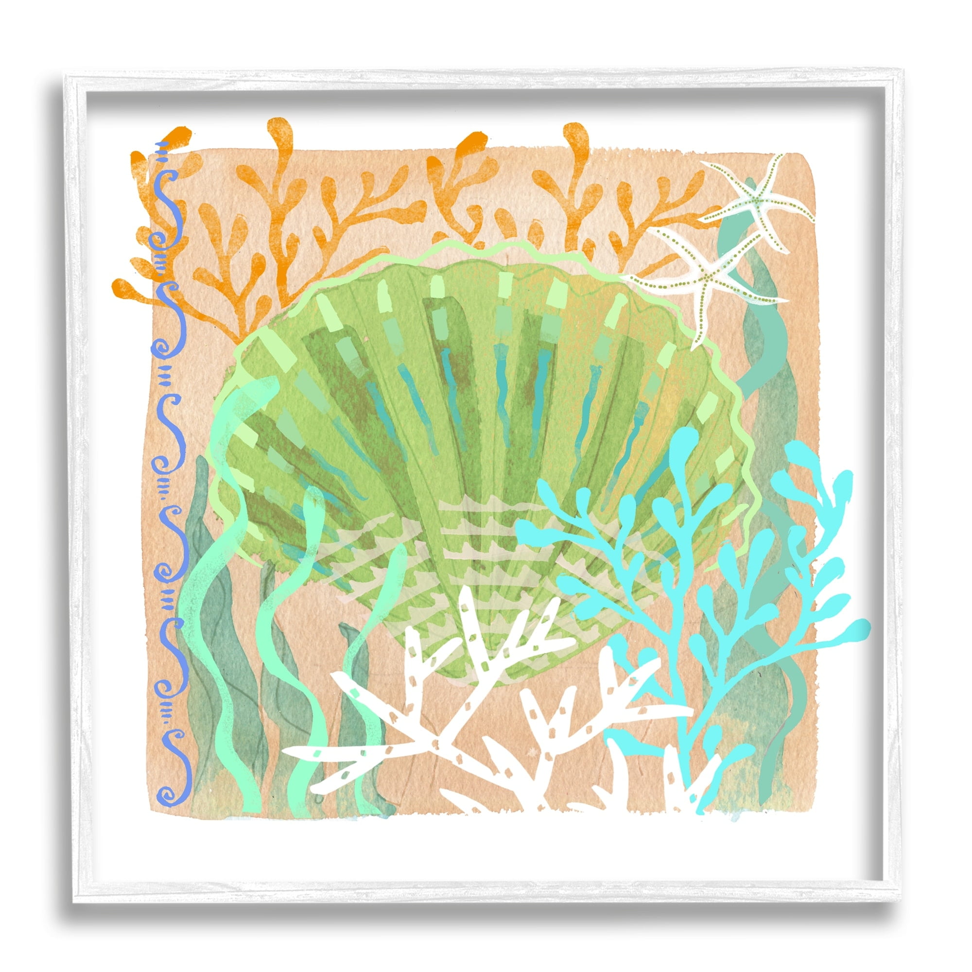 Stupell Industries Vivid Coral Overlay Beach Seashell Watercolor Pattern Graphic Art White Framed Art Print Wall Art, Design by unknown
