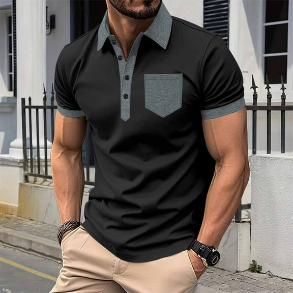 QUINDOS Short Sleeve Shirts for Men Big and Tall Polo Crew Neck Casual Shirts Button Pockets Cotton Slim Solid T-shirts