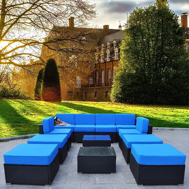 Mcombo Patio Furniture Sectional Set Outdoor Wicker Sofa Lawn Garden Rattan Conversation Chair With 6 Inch Cushions And Tea Table Blue 6082 12pc Walmart Com Walmart Com
