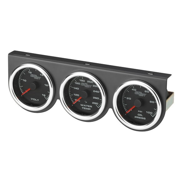 GlowShift 2-5/8" Black & White Racing Series 3 Gauge & Pod Set with Oil Pressure, Water Temperature & Volt Gauges
