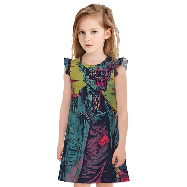 Balery Neon Zombie Skull Camisón de princesa para niñas, pijama de algodón con mangas abullonadas, suave y bonito.-Large