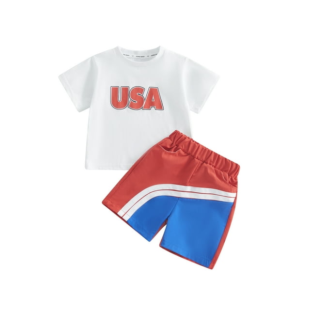 xiaxaixu Vêtements pour Garçons Jour de l'Indépendance Ensemble 2 Pcs T-Shirts à Manches Courtes Col Rond Imprimé Lettre et Shorts Patchwork