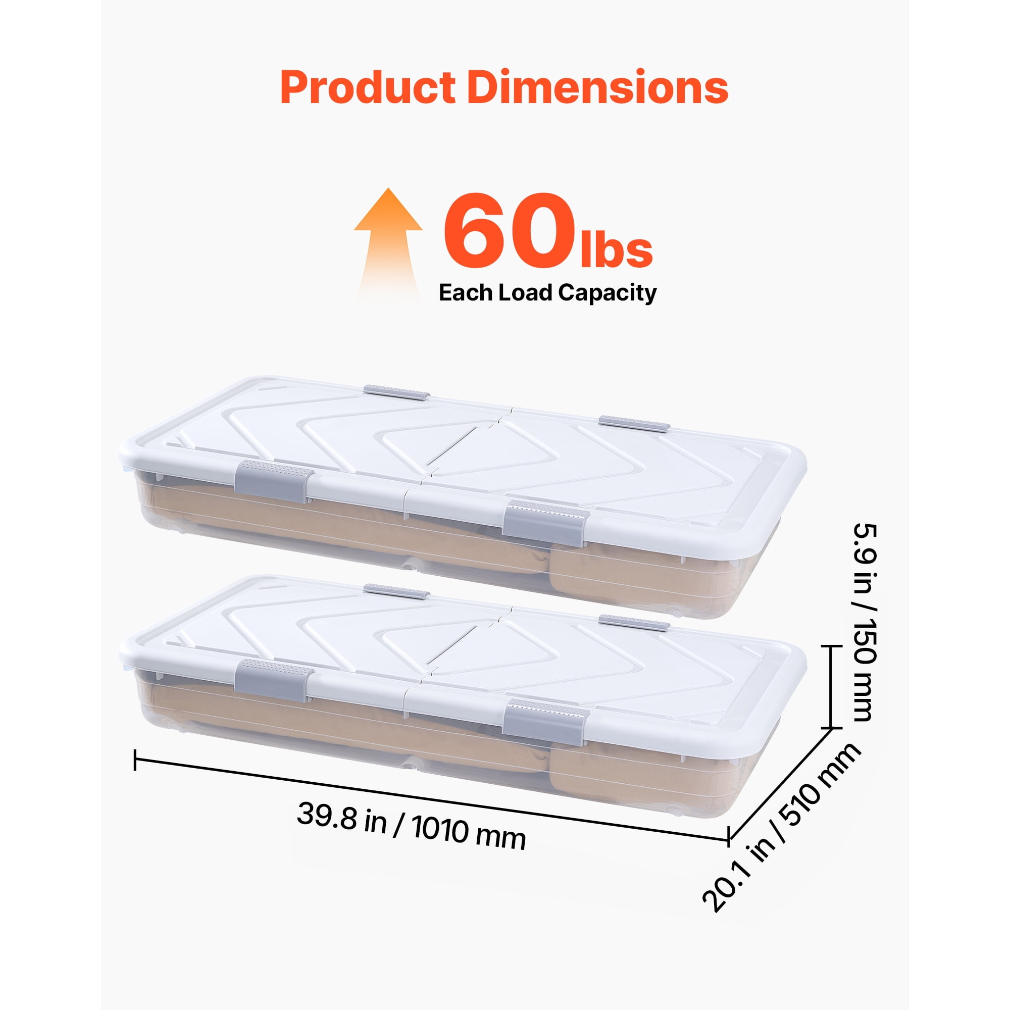 KFFKFF Under Bed Storage with Wheels, 39.8 x 20.1 x 5.9 Inch Rolling Containers, Underbed Organizer with Lid and Gray Latches, Storage Bins for Clothes, Shoes, and Blankets, Set of 2