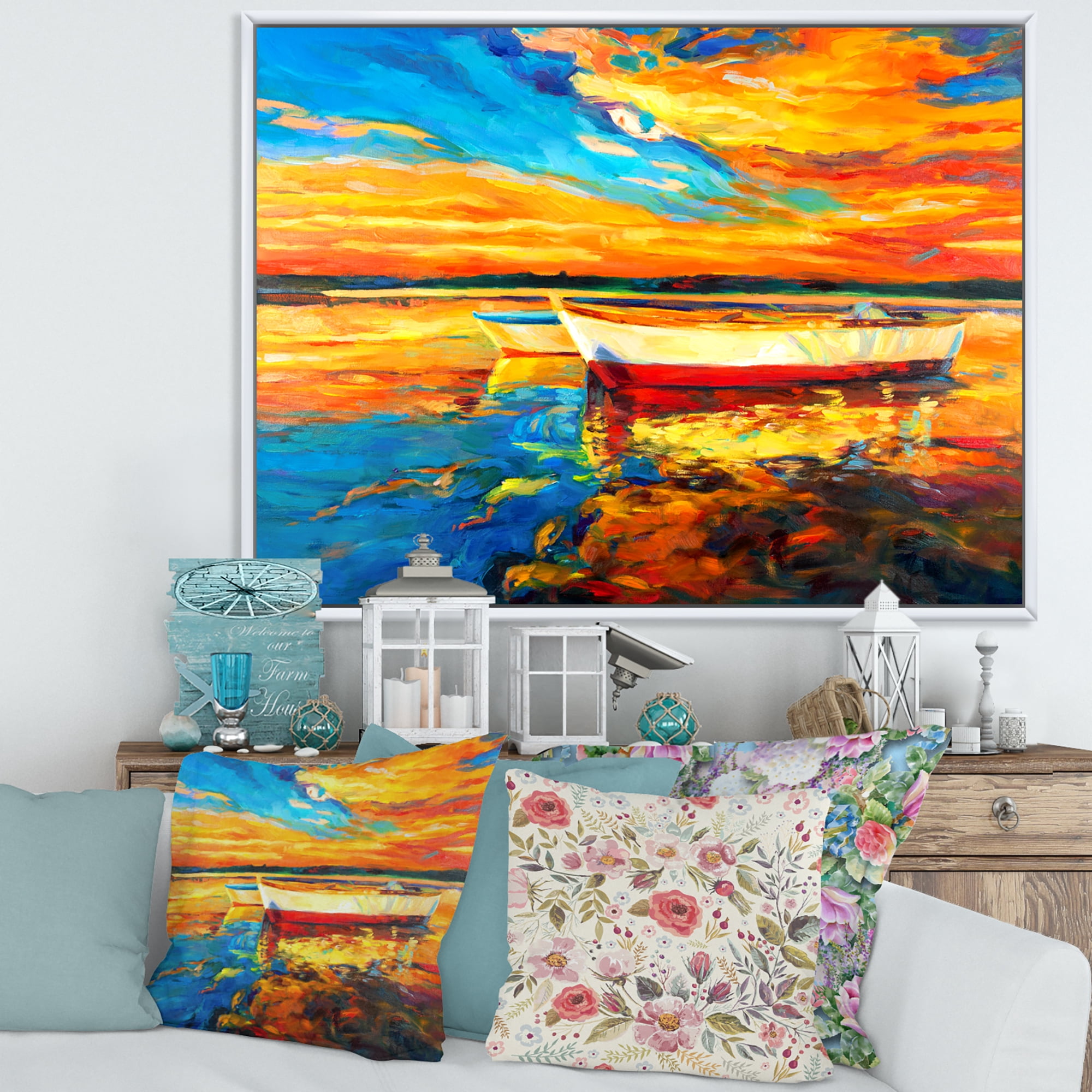 Designart 'Red and White Boats By The Pier At A VIbrant Sunset' Nautical & Coastal Framed Canvas Wall Art Print