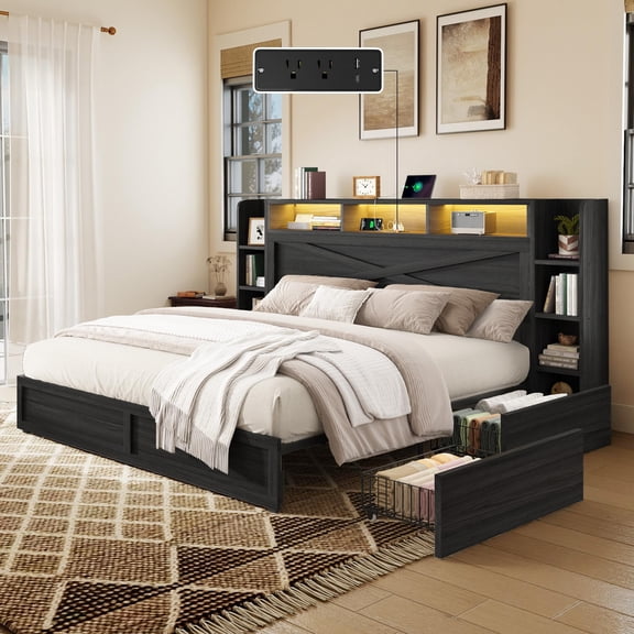 VanAcc 45" Queen Farmhouse Storage Bed Frame with Bookcase Headboard, Side Shelves & Underbed Drawers, LED Light & USB Charging Station, Black