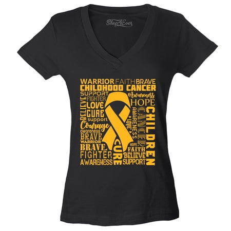 Shop4Ever Women's Childhood Cancer Awareness Gold Ribbon Word Cloud Slim Fit V-Neck T-Shirt Large Black