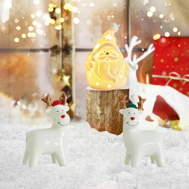 Adorno Navideño Luminoso de Cerámica para Navidad 2025: Ciervo, Muñeco de Nieve y Anciano | Decoración de Cerámica Blanca | Efecto de Luz Suave | Tamaño: 14,5 X 8,5 X 6 Cm | 1 Unidad