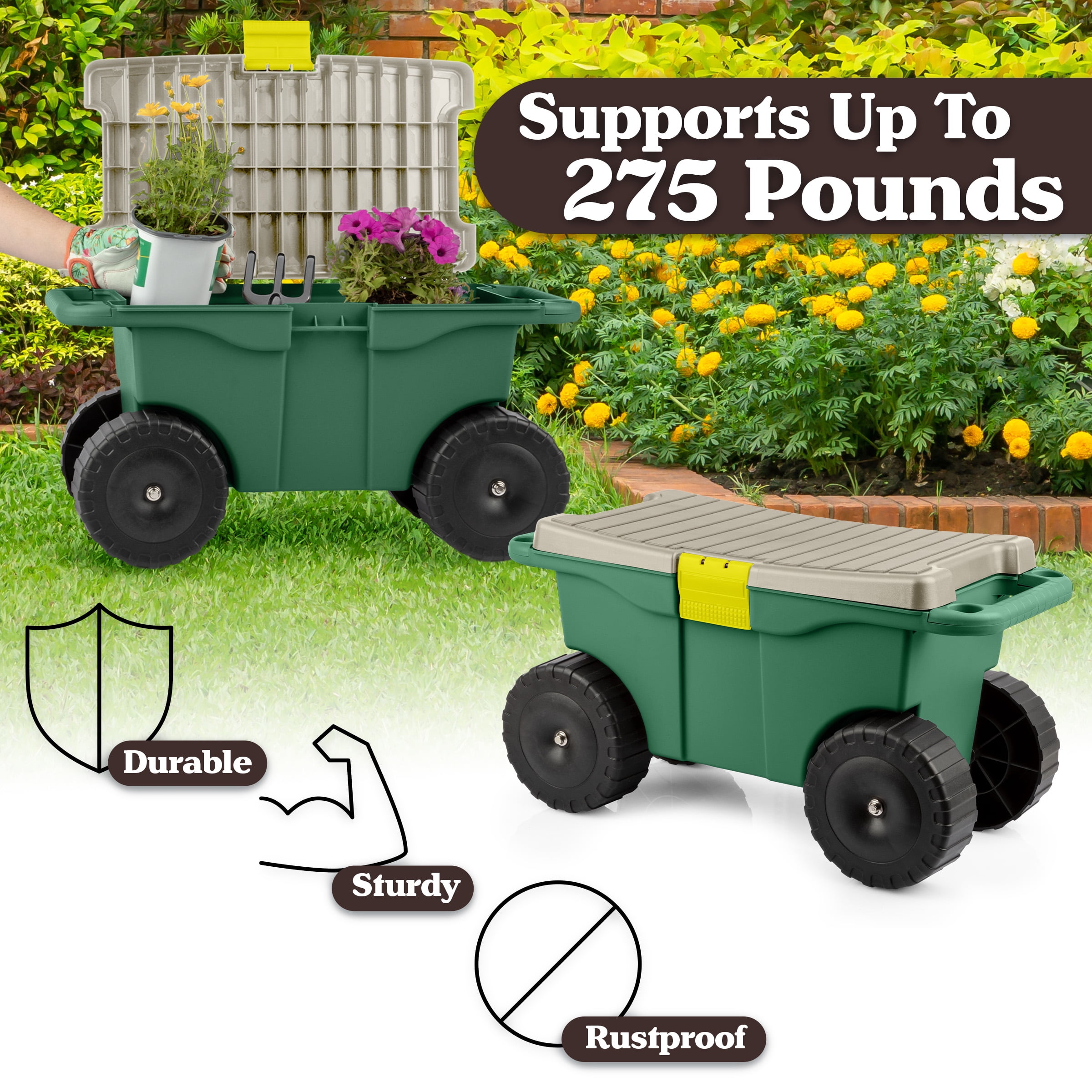 Pure Garden Rolling Garden Cart with Seat - Storage with Tool Tray (Green)