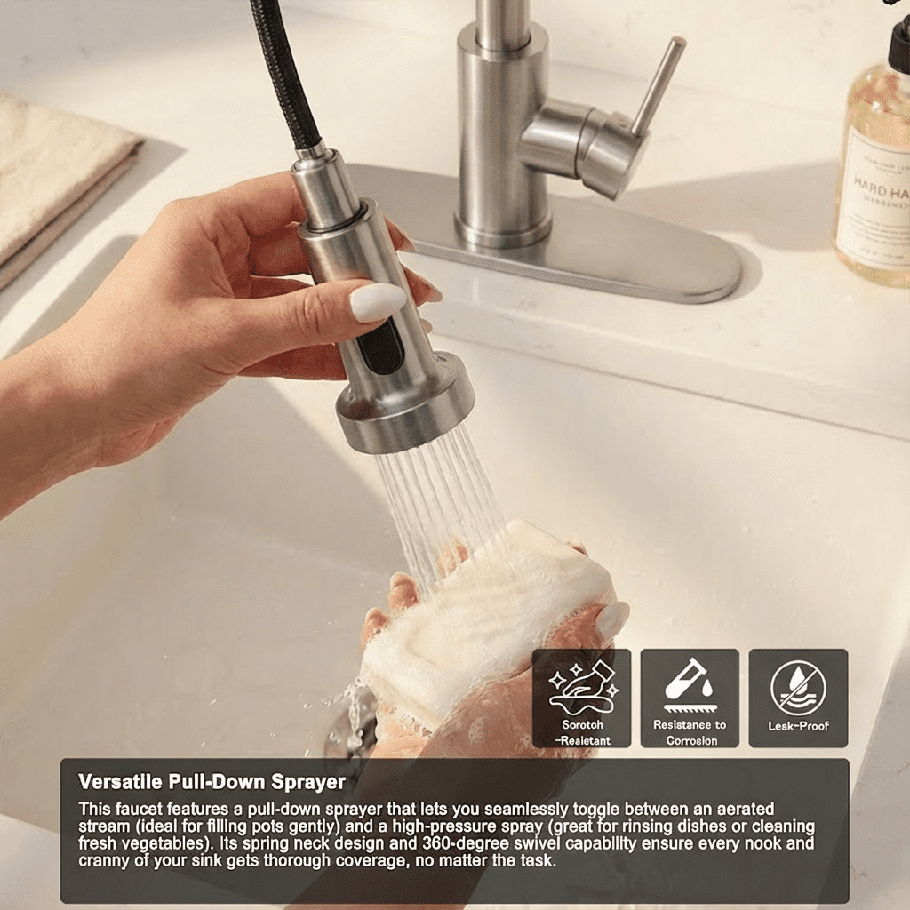 Kitchen Faucet with Pull Down Sprayer Industrial 1 Handle 1 Hole or 3 Hole Faucet for Farmhouse Camper Laundry Utility,Nickel