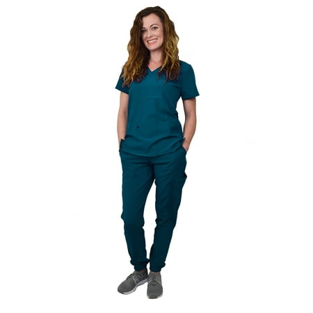 

Women s Jogger Scrub Set Medical Nursing GT 4FLEX Top and Pant Solid Colors and Prints-Caribbean-XX-Large Petite