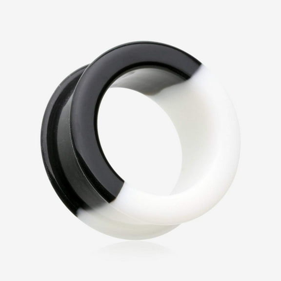 A Pair of Black and White Duo Tone Flexible Silicone Double Flared Tunnel Plug