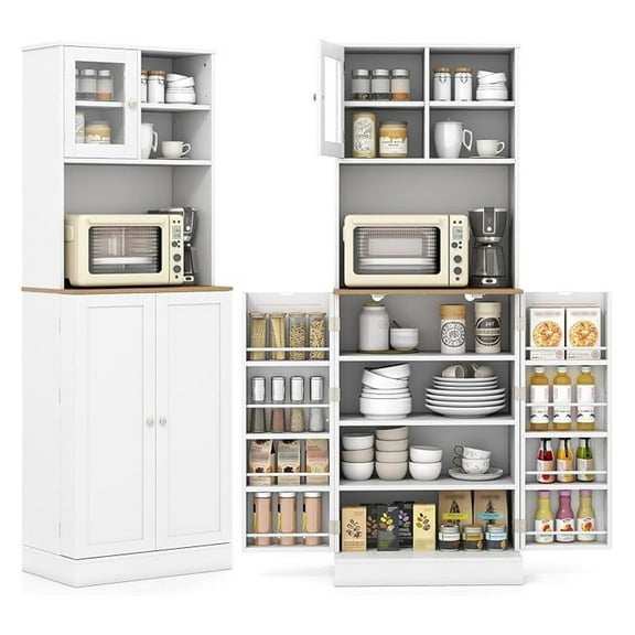 Kitchen Hutch Cabinet, 67" Tall Pantry Cabinet with Microwave Countertop, 8 Door Shelves & 5 Adjustable Shelves, Freestanding Cupboard with Glass Door for Living Room, Dining Room, White