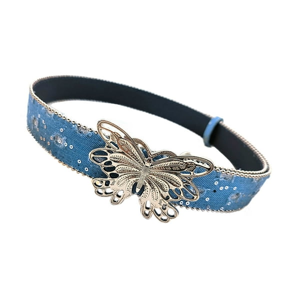 Distressed Butterfly Buckle Belt for Adult Fashion Bead Trim Sequined Waistband Jeans Belt Teens Girl Waist Accessories
