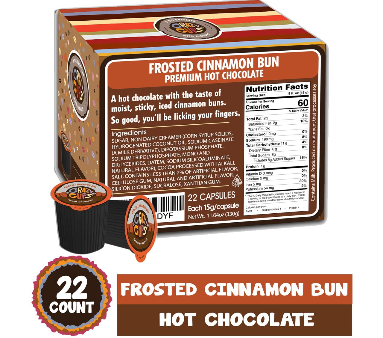 Crazy Cups Frosted Cinnamon Bun Hot Chocolate, for Keurig K Cups Brewers, 22 Ct