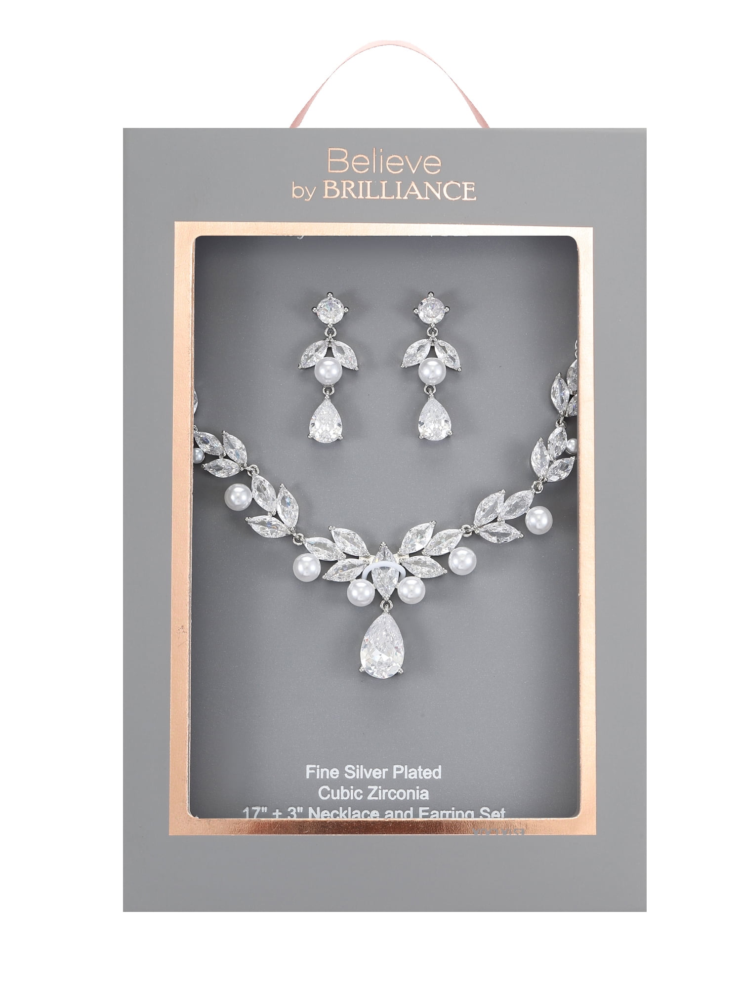 Believe by Brilliance Fine Silver Plated Earring and Necklace Set with Genuine CZ, Leaf Motif, 1 Piece/1 Pair