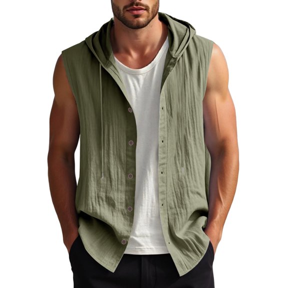 Bcfgryg Summer Men's Casual Sleeveless Hooded Shirt Linen Hooded Solid Color Breathable And Loose Top Lightweight Men's Jacket For Hiking Green L