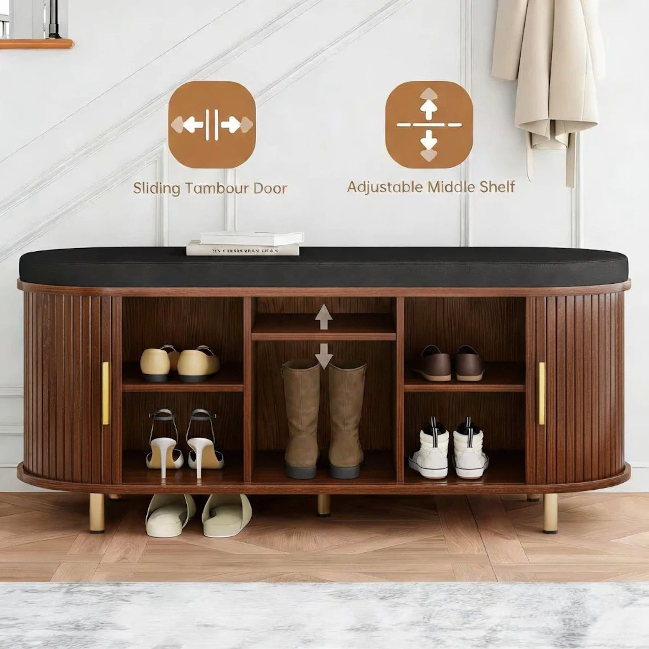 Aisword 2-Tier Shoe Bench Storage with Sliding Door, Padded Cushion, Adjustable Shelf, Walnut