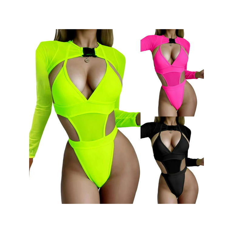 Sunisery Women 2 Piece Neon Rave Outfit Sexy Festival Clubwear Low Cut Bodysuit  Swimsuit + Long Sleeve Sheer Mesh Shrug with Buckle 