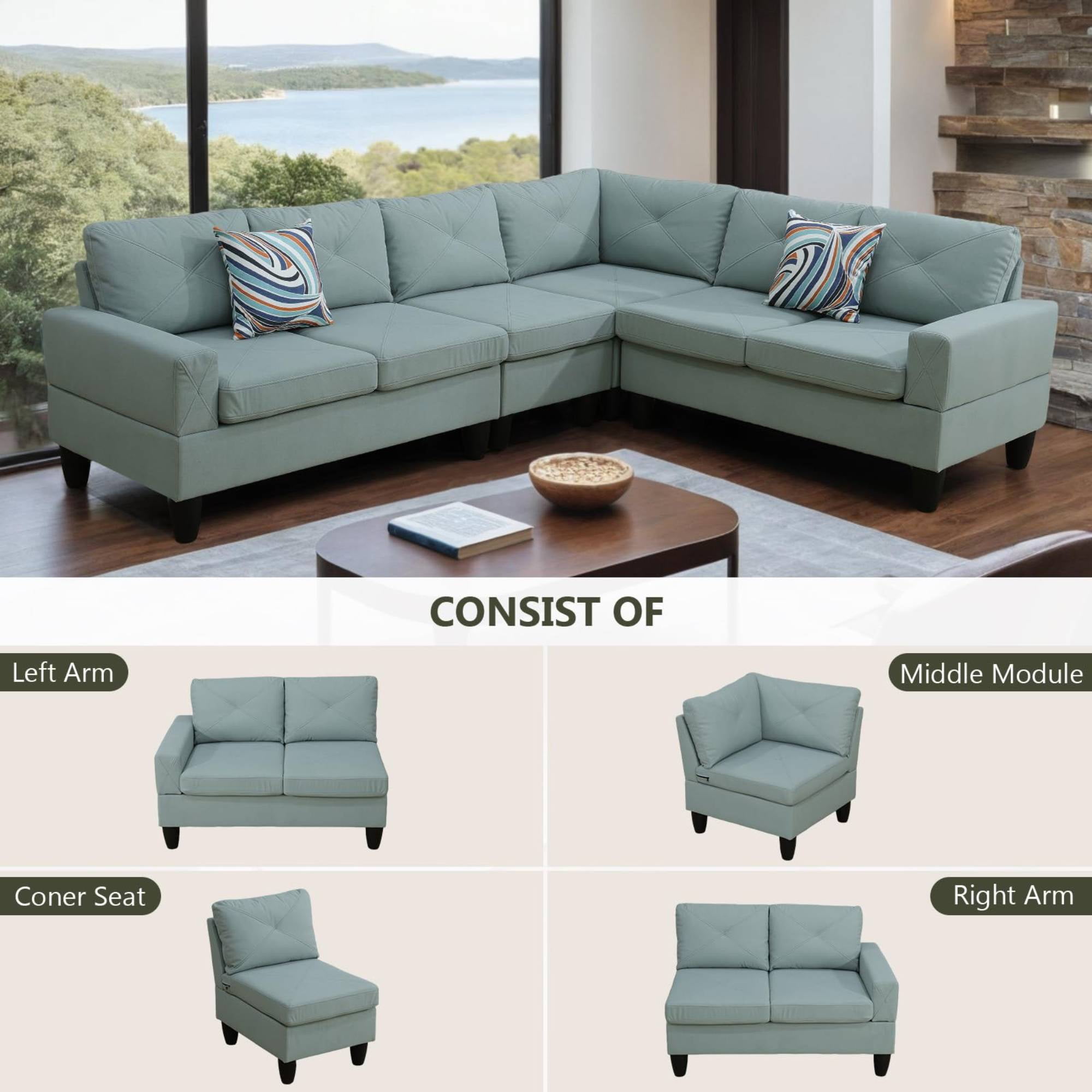 L Shaped Sofa Couch U Shaped Sectional Corner Sofa 6-Seater Furniture Modular Couches for Living room, Pale Green