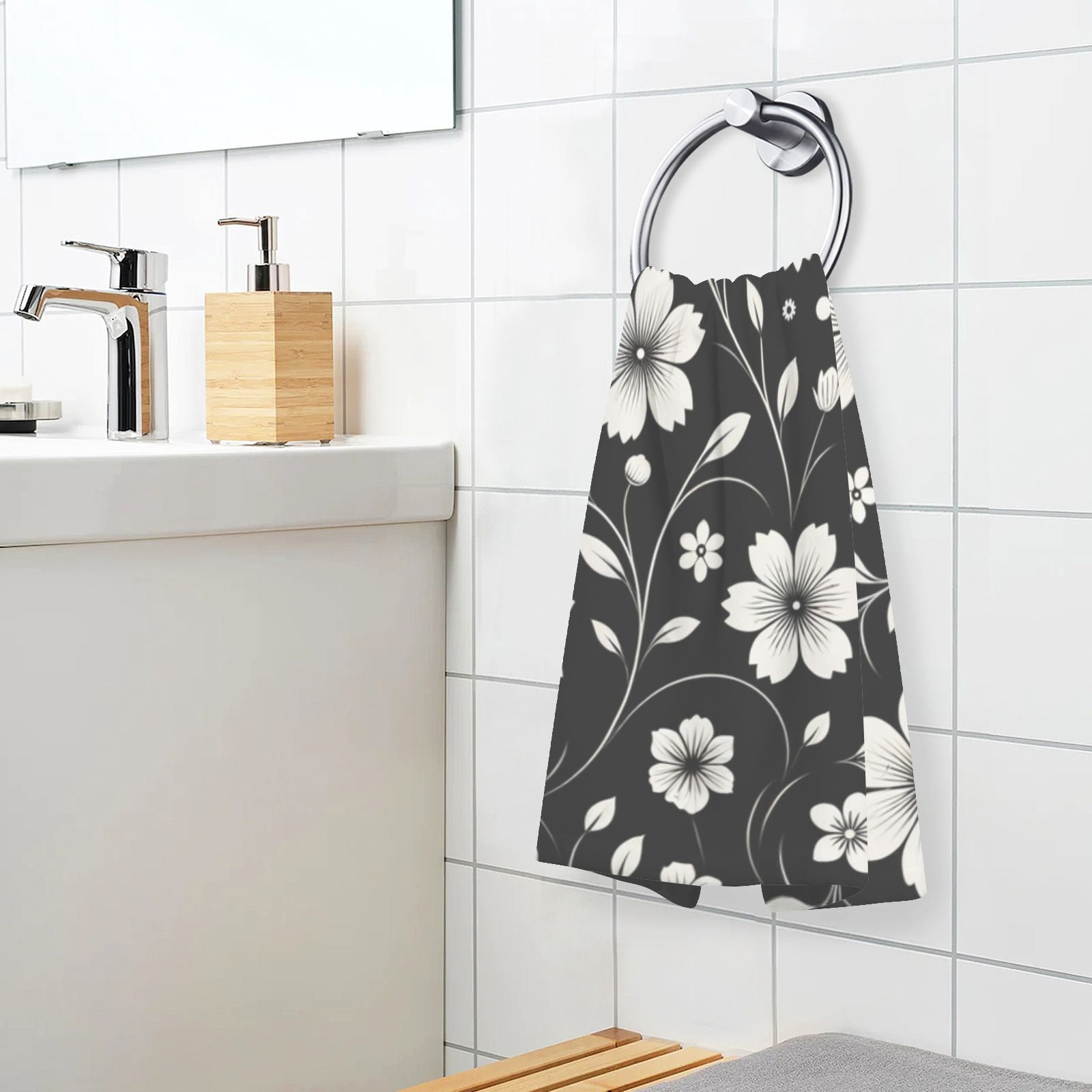 Retro White and Black Flowers Hand Towels Cotton Bath Towels Large Face Towels Absorbent for Bathroom 2 Packs
