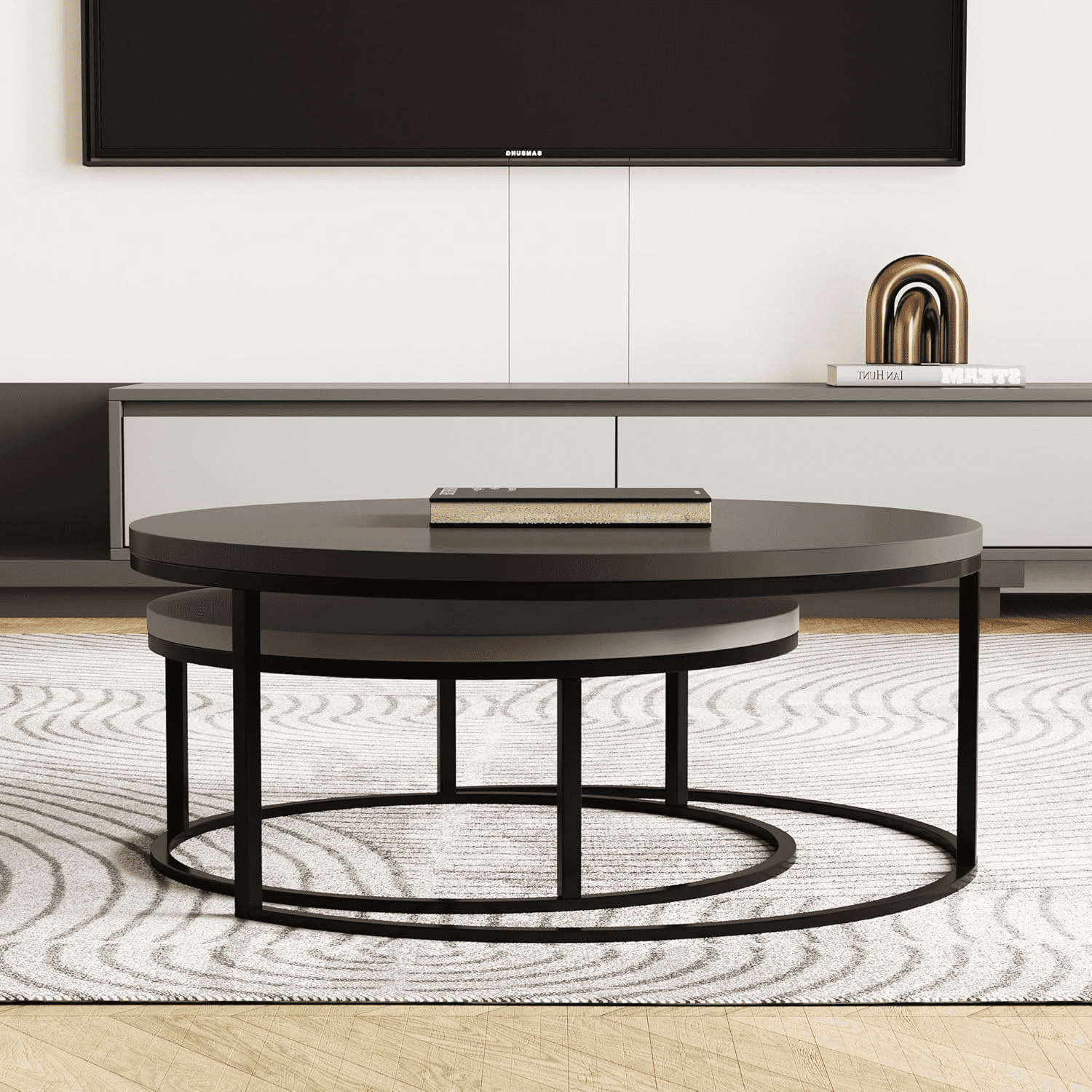 NessCarsti Modern Round Coffee Table Set, Black Metal Legs, Gray Finish, 31.5/23.7"