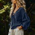 thumbnail image 4 of Tqcoqu Women's Linen Blend V-Neck Gathered Puff Long Sleeve Casual Blouse,Dark Blue Women's S-XXL, 4 of 6