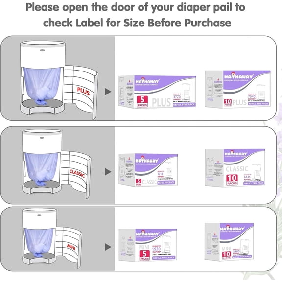 Diaper Pail Refill Bags Compatible With Dekor Mini Diaper Pail, Extra 30% Length, Lavender Scent, 5 Pack