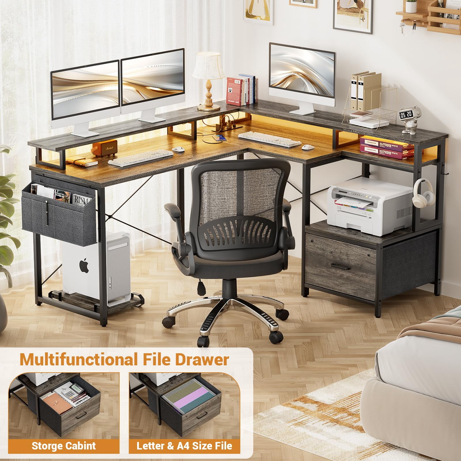 Homieasy L Shaped Desk with File Drawer, Reversible L Shaped Computer Desk with Power Outlet & LED Lights, Home Office Desk Corner Desk with Monitor Shelf and Printer Cabinet, Black Oak