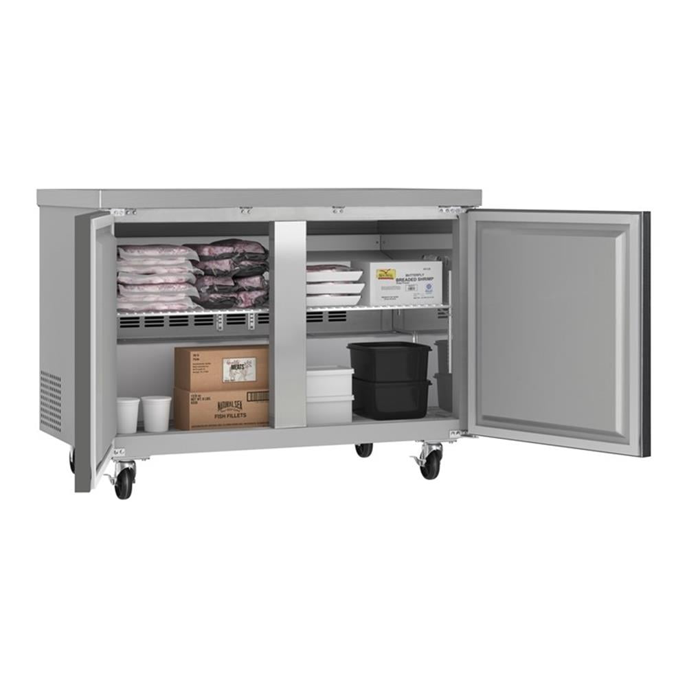 Pemberly Row 48" Two-Door Commercial Undercounter Freezer with Casters in Silver